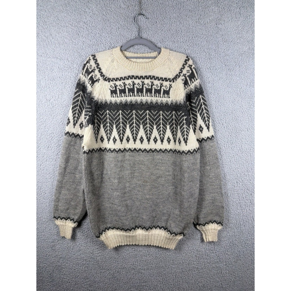 Vintage 80s 90s 100% Alpaca Wool Crew Neck Sweater Cream / Greyish Blue Size L